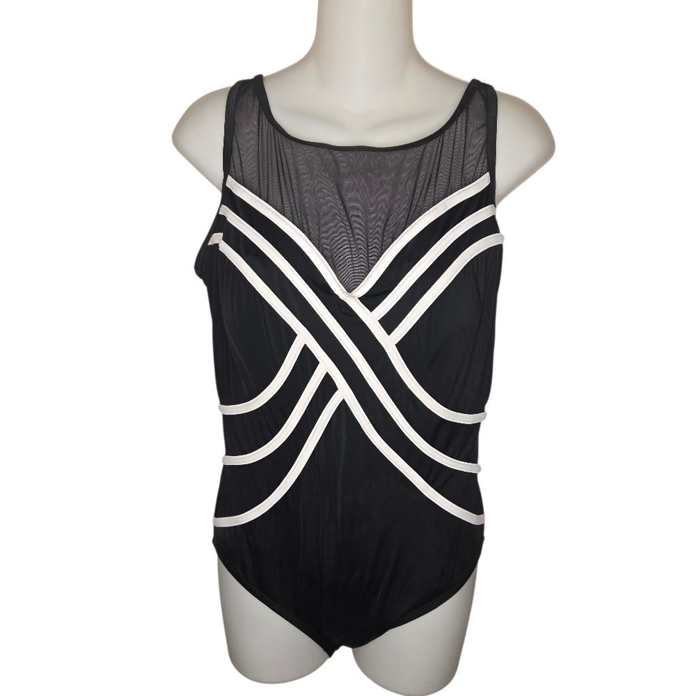 Longitude Vintage Swimsuit One Piece Black White Slimming Classic Mesh Size 10